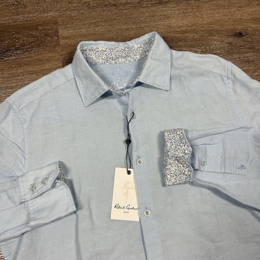 Robert Graham Light Blue Linen Button-Down Shirt with Floral Trim